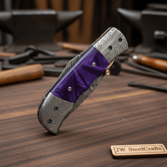 Feather Pattern Damascus Folding Knife with Purple Resin Handle