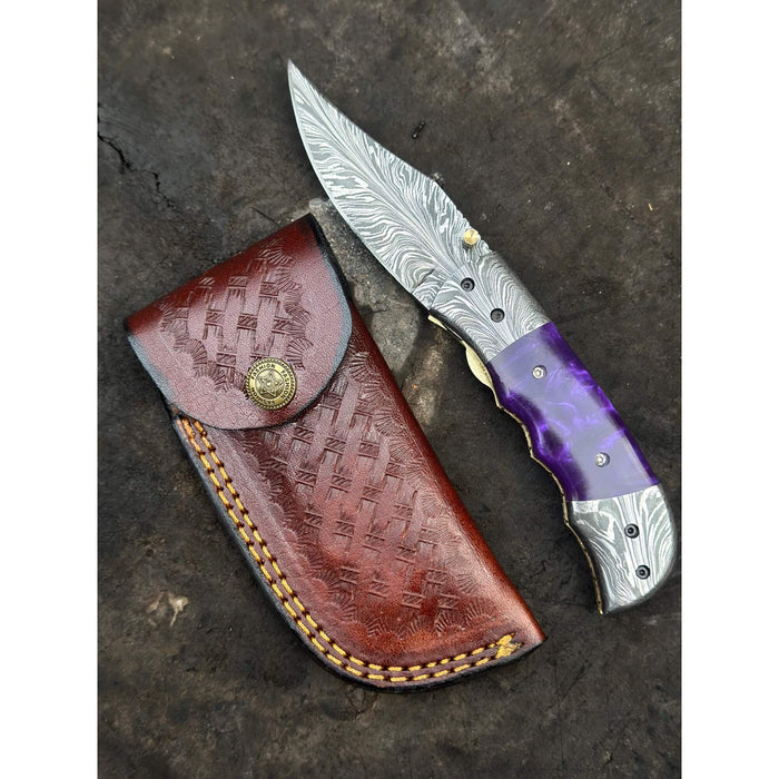 Feather Pattern Damascus Folding Knife with Purple Resin Handle