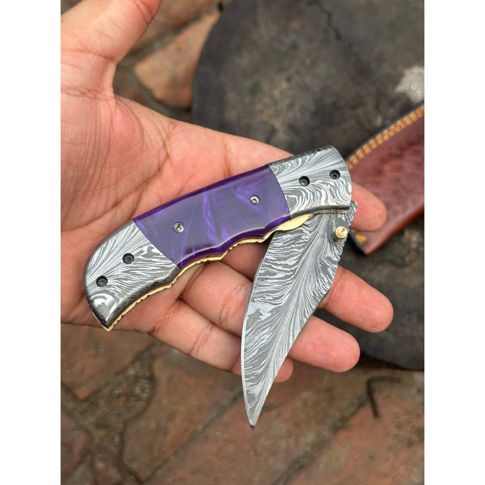 Feather Pattern Damascus Folding Knife with Purple Resin Handle