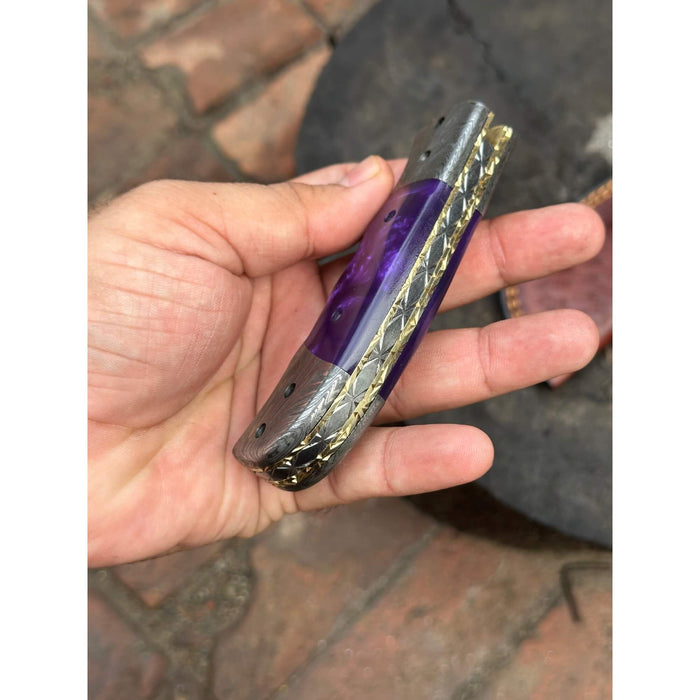 Feather Pattern Damascus Folding Knife with Purple Resin Handle