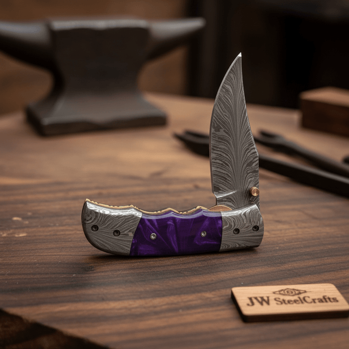 Feather Pattern Damascus Folding Knife with Purple Resin Handle