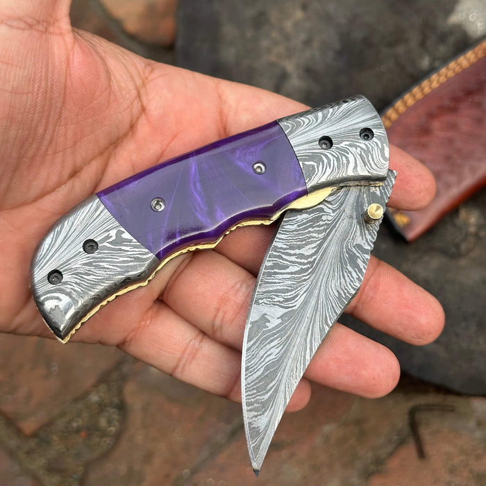 Feather Pattern Damascus Folding Knife with Purple Resin Handle