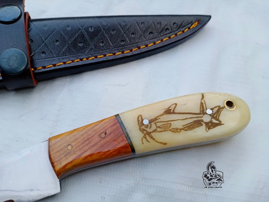 Handmade 13 Inch Fillet Knife with Engraved Bone and Wood Handle, Full Tang Fishing Knife with Leather Sheath