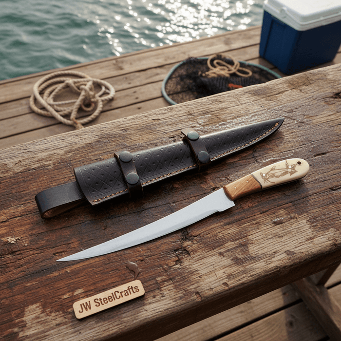 Handmade 13 Inch Fillet Knife with Engraved Bone and Wood Handle, Full Tang Fishing Knife with Leather Sheath