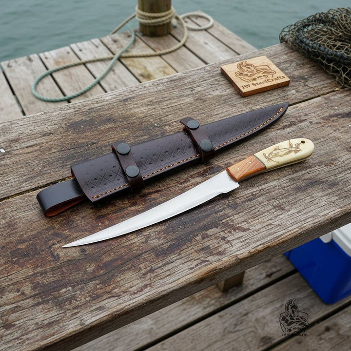 Handmade 13 Inch Fillet Knife with Engraved Bone and Wood Handle, Full Tang Fishing Knife with Leather Sheath
