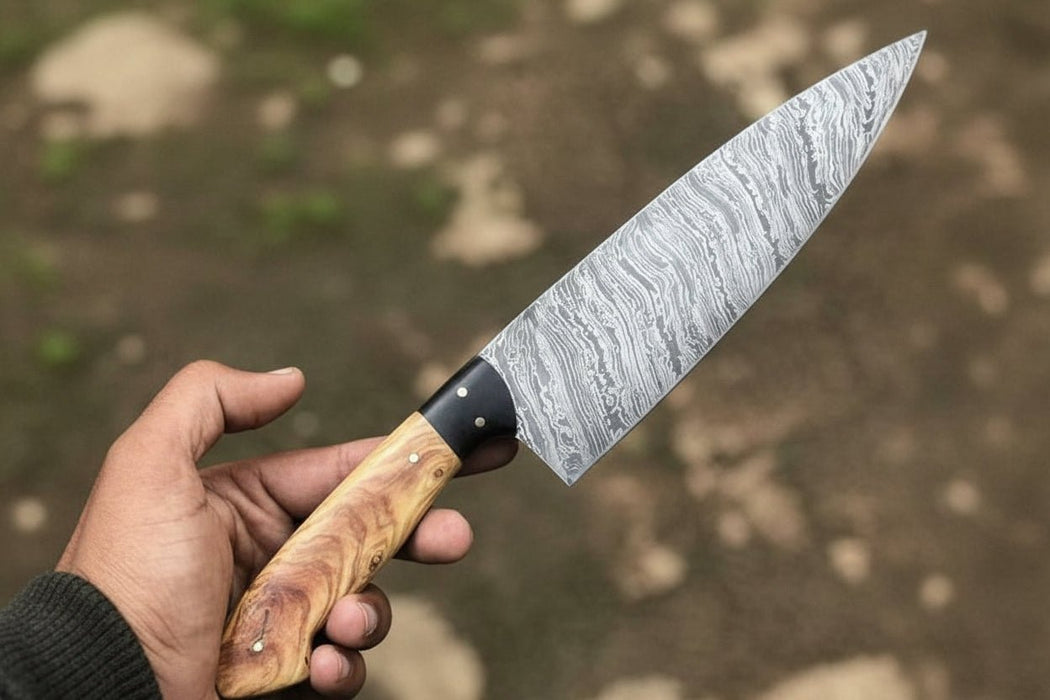 13-Inch Fire Pattern Damascus Chef Knife — Olive Wood Handle, Brass Pins & Dark Bolster | JW Steel Crafts