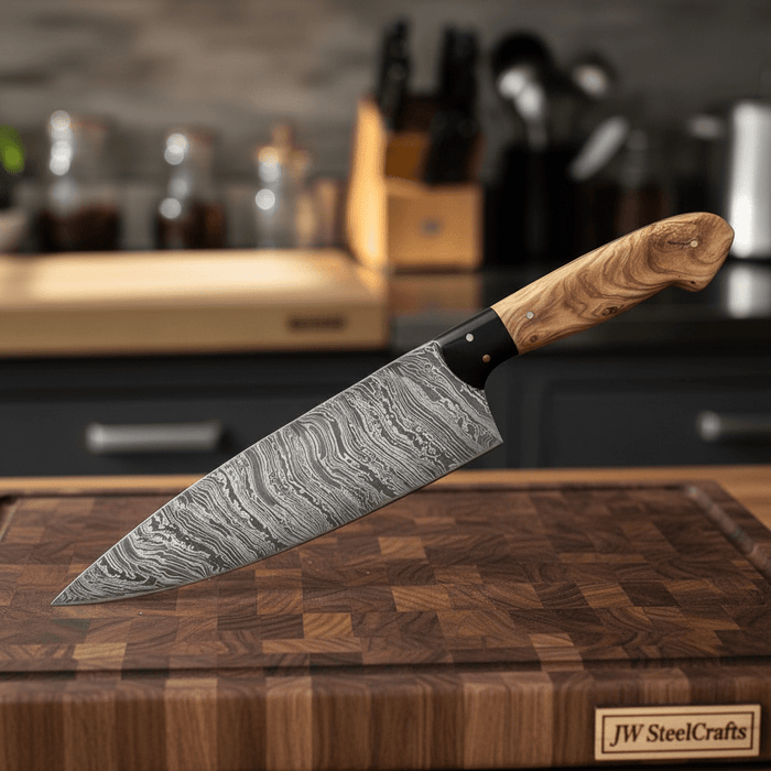 13-Inch Fire Pattern Damascus Chef Knife — Olive Wood Handle, Brass Pins & Dark Bolster | JW Steel Crafts