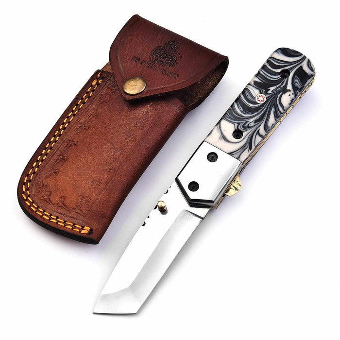 Handmade Folding Knife with Cleaver Blade and Marble Resin Handle