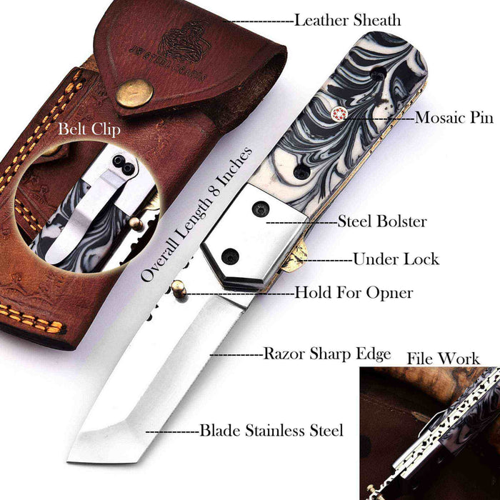 Handmade Folding Knife with Cleaver Blade and Marble Resin Handle