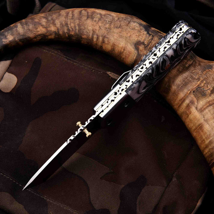 Handmade Folding Knife with Cleaver Blade and Marble Resin Handle