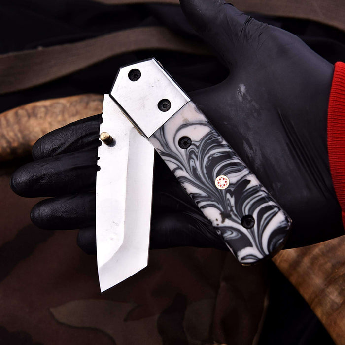 Handmade Folding Knife with Cleaver Blade and Marble Resin Handle