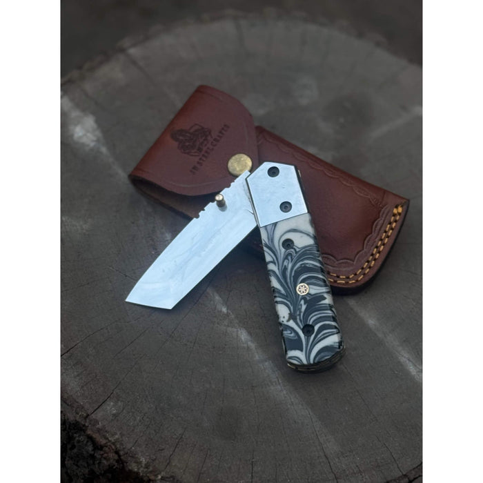 Handmade Folding Knife with Cleaver Blade and Marble Resin Handle