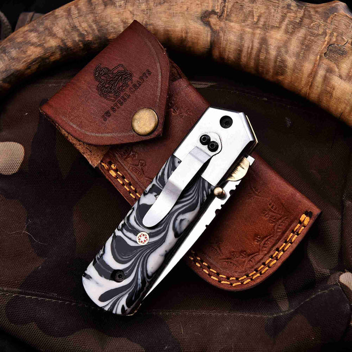 Handmade Folding Knife with Cleaver Blade and Marble Resin Handle