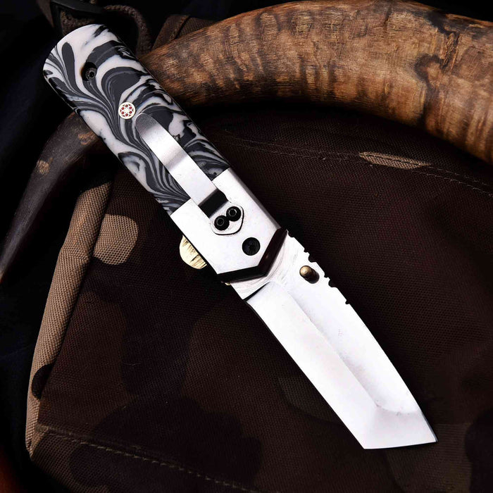 Handmade Folding Knife with Cleaver Blade and Marble Resin Handle