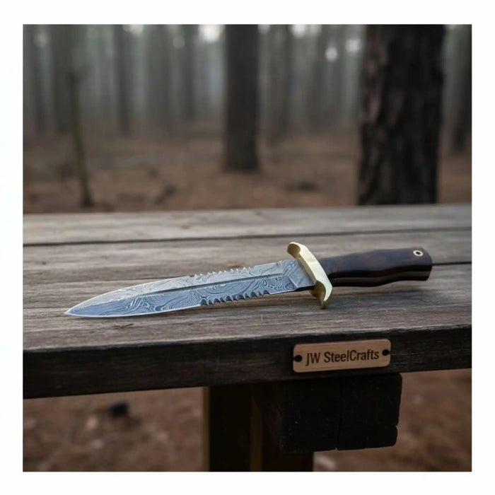 Hammer forged Damascus Dagger Knife with 8” Double Edge Serrated Blade, Sawback Spine, Brass Guard, Rosewood Handle (Full Tang Fixed Blade)