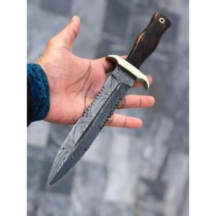 Hammer forged Damascus Dagger Knife with 8” Double Edge Serrated Blade, Sawback Spine, Brass Guard, Rosewood Handle (Full Tang Fixed Blade)