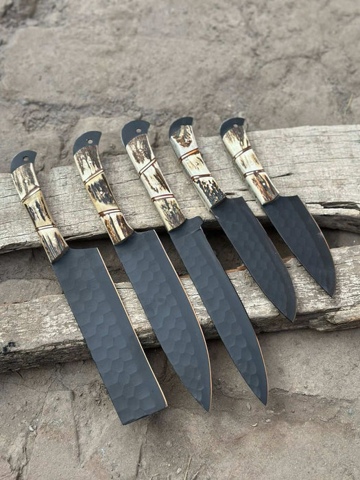 Handmade Hammered Chef Knife Set with Stag Antler Handles | 5-Piece Kitchen Knife Set