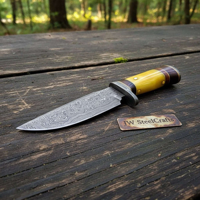 Handmade Hunter Clip Point Bowie Knife Damascus Steel Yellow Handle JW SteelCrafts