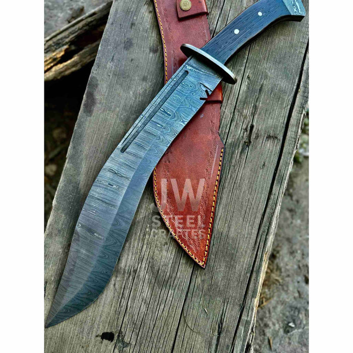Handmade Kukri Bowie Knife Damascus Steel Recurve Blade Full Tang with Leather Sheath – JW SteelCrafts