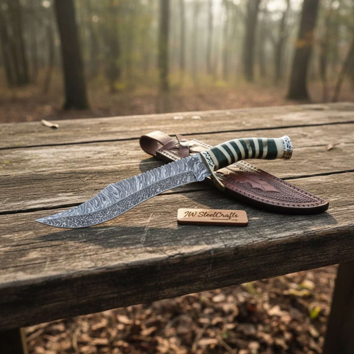 Handmade Clip Point Bowie Knife with Fire Pattern Damascus Steel