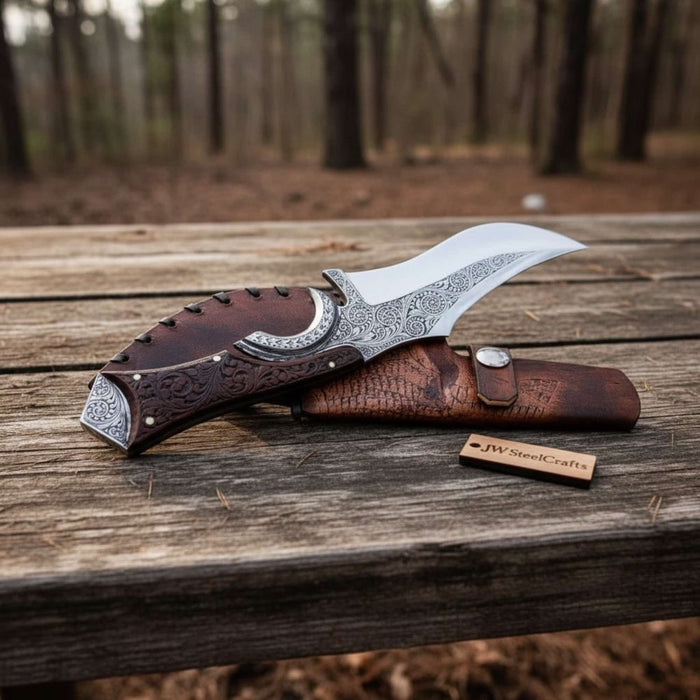 Handmade Persian Recurve Bowie Knife Engraved D2 Steel Custom Handle