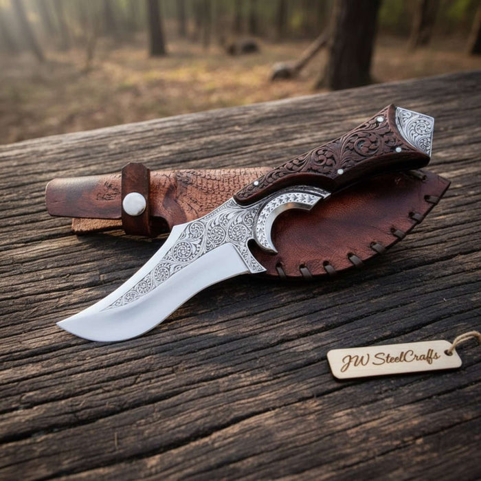 Handmade Persian Recurve Bowie Knife Engraved D2 Steel Custom Handle