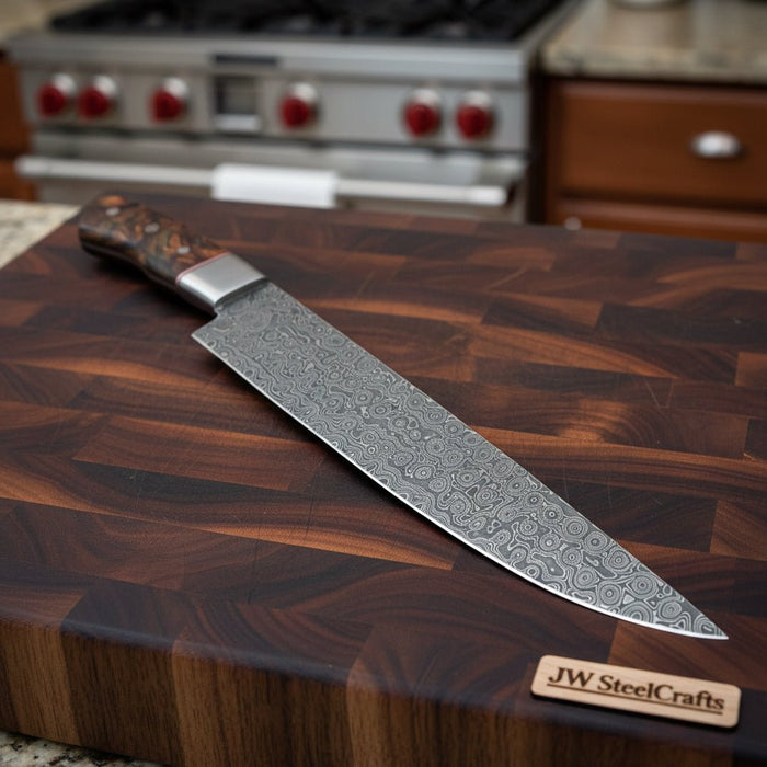 Handmade Raindrop Damascus Chef Knife 9 Inch Blade, Full Tang Forged Kitchen Knife with Stabilized Wood Handle, Professional Meat Cutting and Cooking Knife JW SteelCrafts