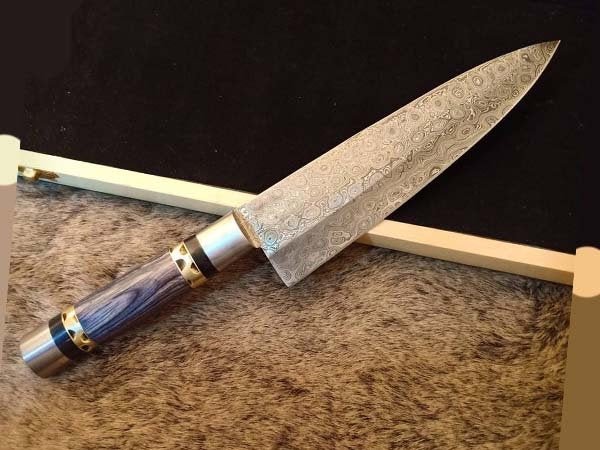 11" Raindrop Damascus Chef Knife — 6" Blade, Purple Pakka Wood Handle with Brass Spacer & Steel Pommel