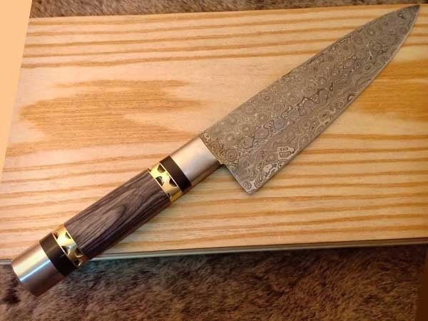 11" Raindrop Damascus Chef Knife — 6" Blade, Purple Pakka Wood Handle with Brass Spacer & Steel Pommel