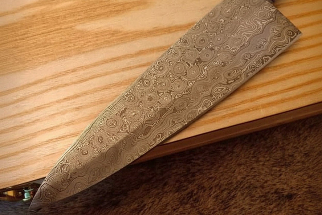 11" Raindrop Damascus Chef Knife — 6" Blade, Purple Pakka Wood Handle with Brass Spacer & Steel Pommel