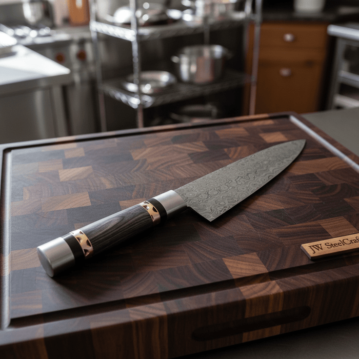 11" Raindrop Damascus Chef Knife — 6" Blade, Purple Pakka Wood Handle with Brass Spacer & Steel Pommel