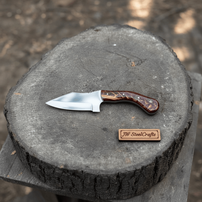 Stainless Steel Sheepsfoot Outdoor Knife — Brown Orange Swirl Resin Handle, Finger Choil & Satin Finish