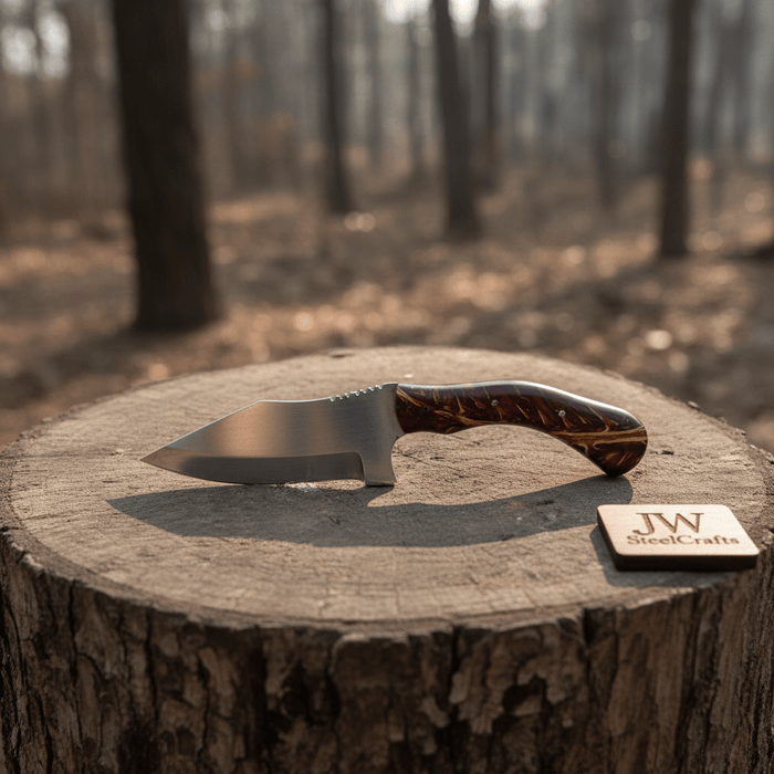 Stainless Steel Sheepsfoot Outdoor Knife — Brown Orange Swirl Resin Handle, Finger Choil & Satin Finish