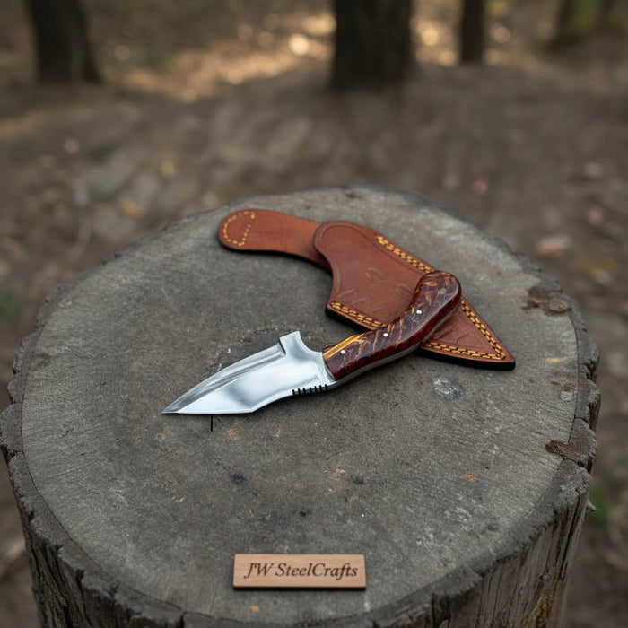 Stainless Steel Sheepsfoot Outdoor Knife — Brown Orange Swirl Resin Handle, Finger Choil & Satin Finish
