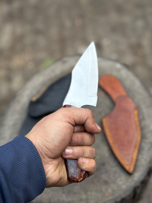 Stainless Steel Sheepsfoot Outdoor Knife — Brown Orange Swirl Resin Handle, Finger Choil & Satin Finish