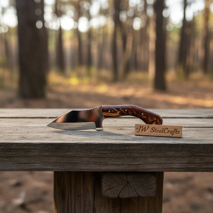 Stainless Steel Sheepsfoot Outdoor Knife — Brown Orange Swirl Resin Handle, Finger Choil & Satin Finish