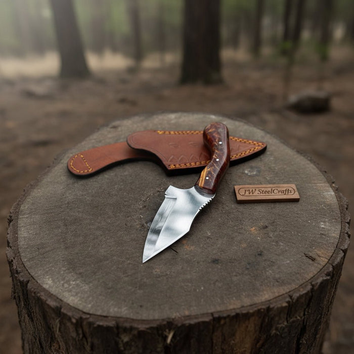 Stainless Steel Sheepsfoot Outdoor Knife — Brown Orange Swirl Resin Handle, Finger Choil & Satin Finish