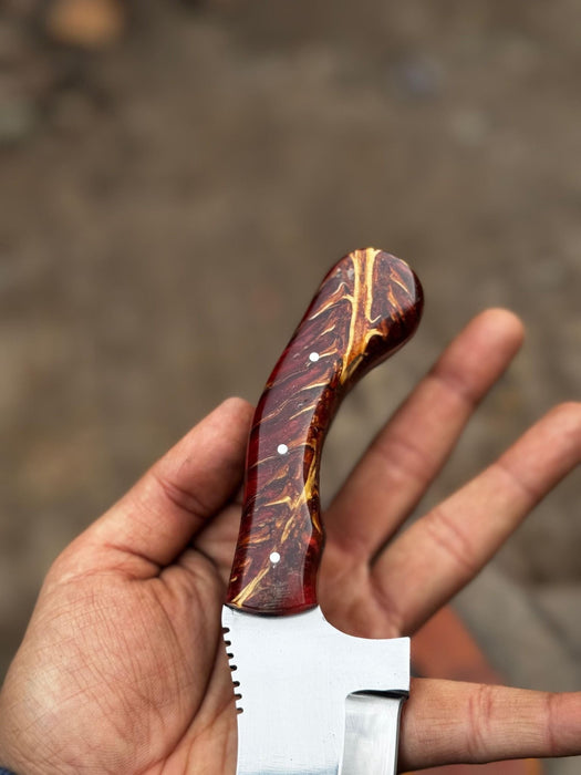 Stainless Steel Sheepsfoot Outdoor Knife — Brown Orange Swirl Resin Handle, Finger Choil & Satin Finish