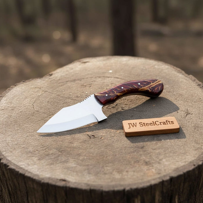 Stainless Steel Sheepsfoot Outdoor Knife — Brown Orange Swirl Resin Handle, Finger Choil & Satin Finish