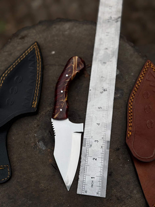 Stainless Steel Sheepsfoot Outdoor Knife — Brown Orange Swirl Resin Handle, Finger Choil & Satin Finish