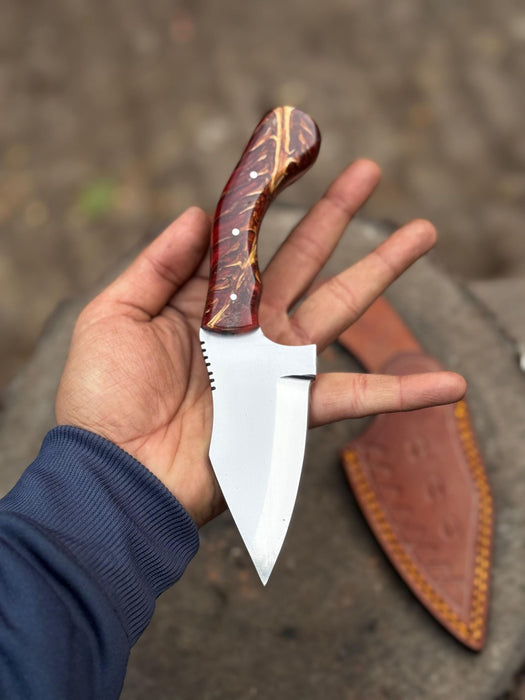 Stainless Steel Sheepsfoot Outdoor Knife — Brown Orange Swirl Resin Handle, Finger Choil & Satin Finish