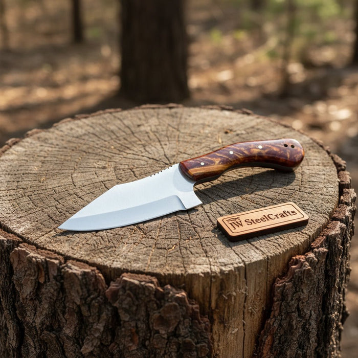Stainless Steel Sheepsfoot Outdoor Knife — Brown Orange Swirl Resin Handle, Finger Choil & Satin Finish