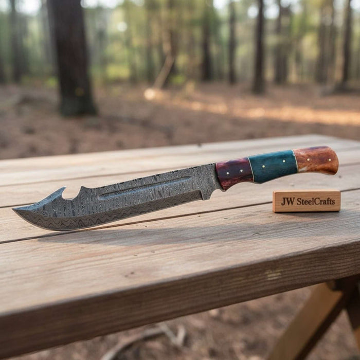 Handcrafted Damascus Harpoon Point Bowie Knife with Colored Bone Handle