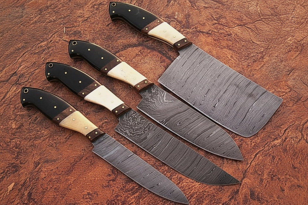 4-piece high-carbon Damascus butcher knife set – bone and horn handle with brass pins