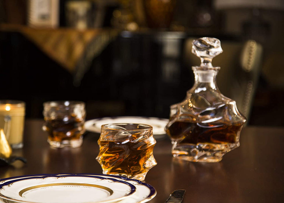 The Wine Savant Wine and Whiskey Mountain Decanter with 4 Glasses and Wood Tray 750 ML