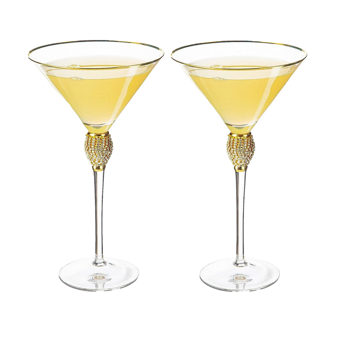 Diamond Collection 2 Piece Stemmed Martini Set - Rhinestone For Drinking Martinis, Manhattans, Vodka, Gin, Cocktails Gold Accent Cocktail Glasses, Perfect For Any Bar or Party 10oz - Swarovski Style
