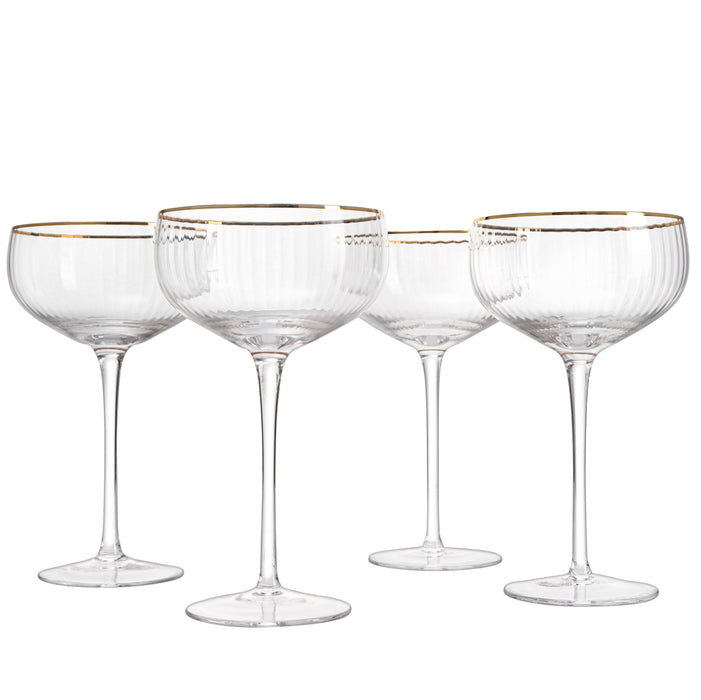 Gold Rim Glasses 7 oz, Set of 4 Gold Rim Classic Manhattan Glasses For Martini, Cocktails, Champagne, Wine - The Wine Savant (Ribbed)