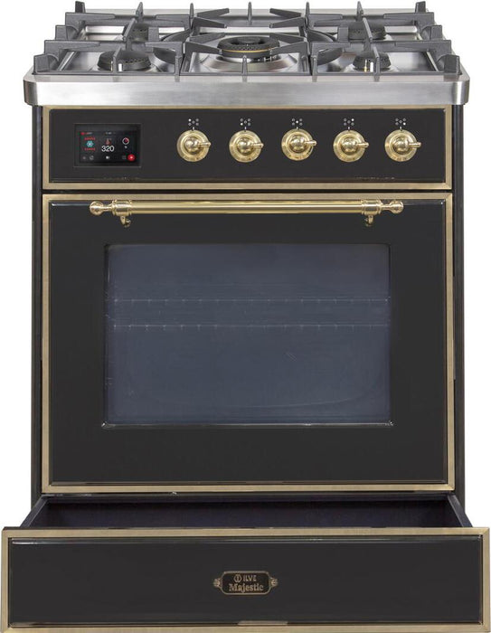 ILVE 30" Majestic II Dual Fuel Range 5 Burners, Oven - Brass Trim, Glossy Black UM30DNE3BKG