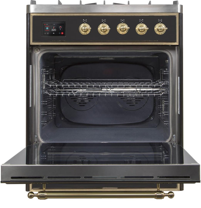 ILVE 30" Majestic II Dual Fuel Range 5 Burners, Oven - Brass Trim, Glossy Black UM30DNE3BKG