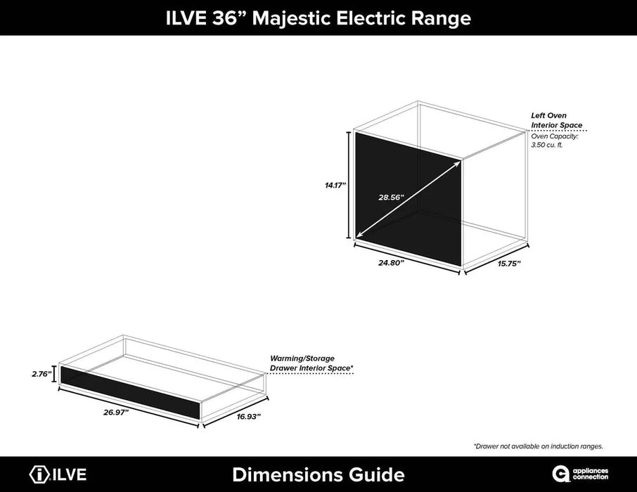 ILVE 36" Majestic II induction Range, 5 Elements, Oven, Brass Trim, Glossy Black UMI09NS3BKG